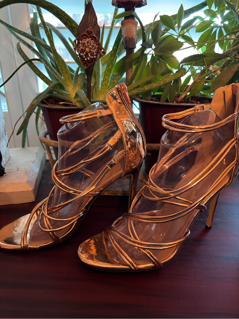 Gold Strappy High Heel Sandals - Women's Elegant Evening Shoes - Picture 3 of 9